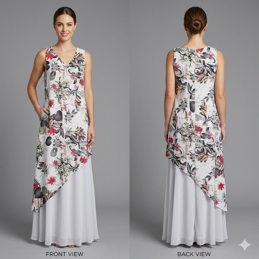 Misslook Dress Womans Floral Asymmetric Layered Maxi Dress Sleeveless V-Neck